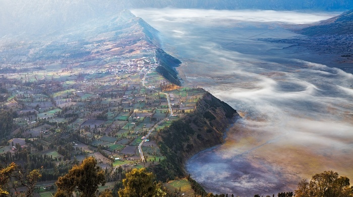 mountain, villages, field, valley, trees, nature, road, landscape, mist