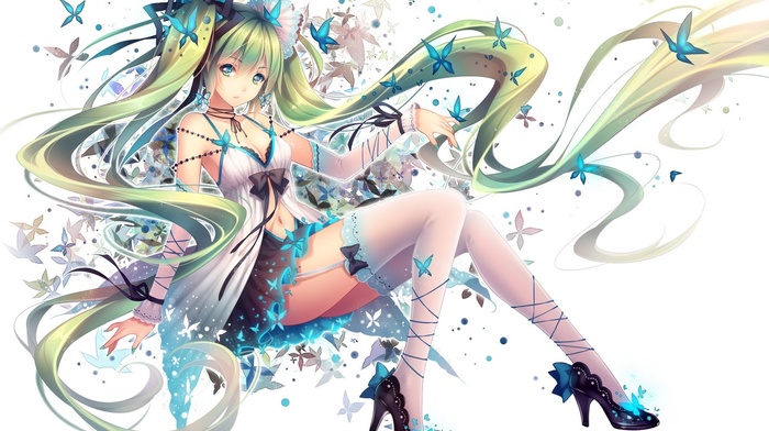 long hair, Vocaloid, earrings, ribbon, Zettai Ryouiki, butterfly, anime girls, twintails, jewelry, anime, floating, Hatsune Miku, thigh, highs