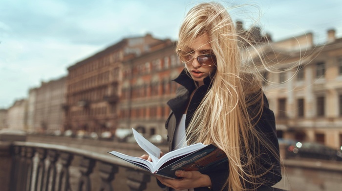 girl, model, glasses, blonde, books