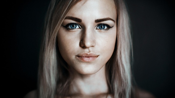 portrait, blonde, blue eyes, Alla Emelyanova, girl, model, pierced nose, face