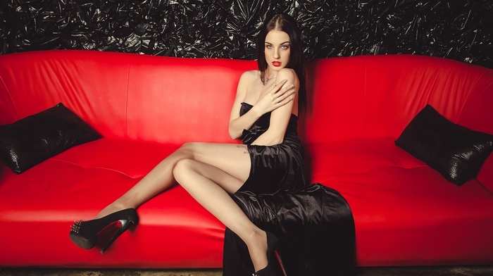 high heels, black dress, girl, Alla Berger, model, couch