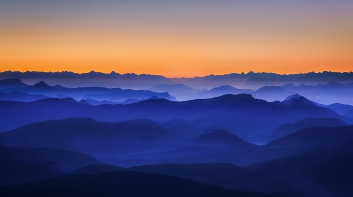 mountain, nature, mist, landscape, sunrise
