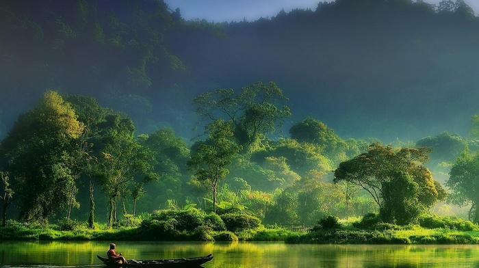 landscape, green, boat, mountain, Indonesia, forest, nature, river, mist, fisherman, sunrise