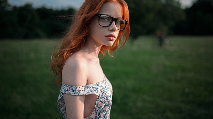 nature, girl, redhead, looking at viewer, no bra, girl with glasses, grass