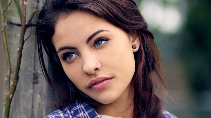 piercing, brunette, blue eyes, girl, face, nose rings