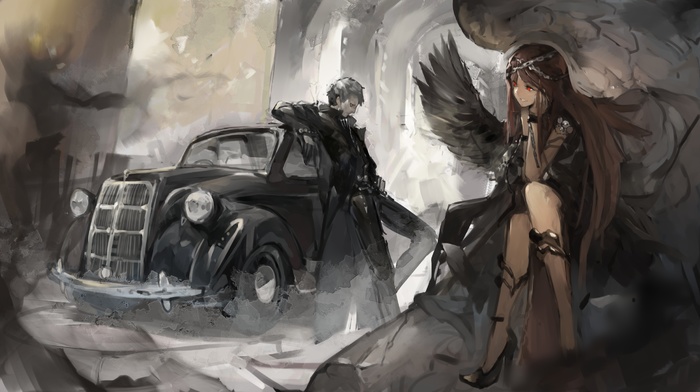 angel, fantasy art, black, brunette, old car, original characters