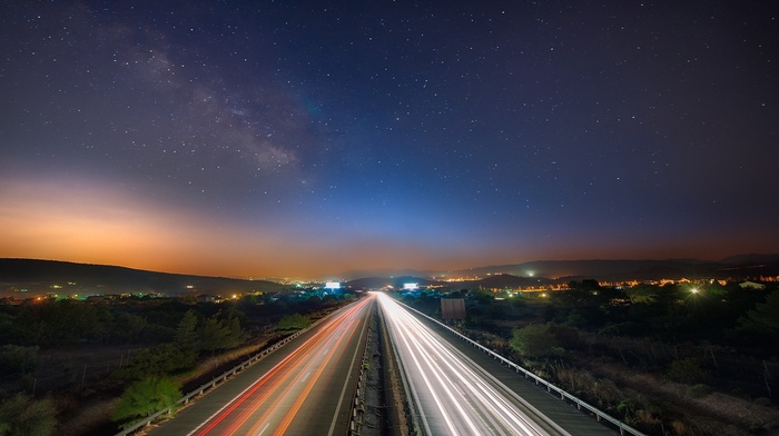 sunset, long exposure, stars, road