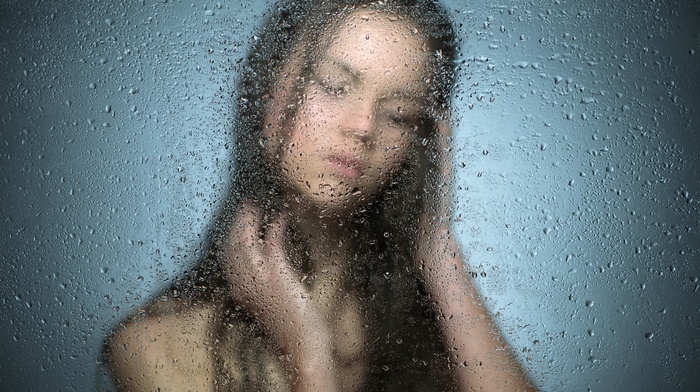 girl, glass, water, brunette, face