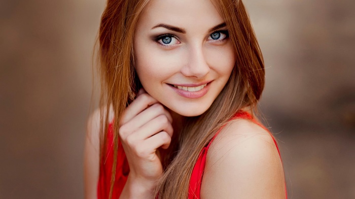 Ann Nevreva, redhead, smiling, girl, red clothing, blue eyes, face, looking at viewer, portrait