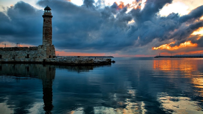 lighthouse, photography, clouds, depth of field, sunset, water