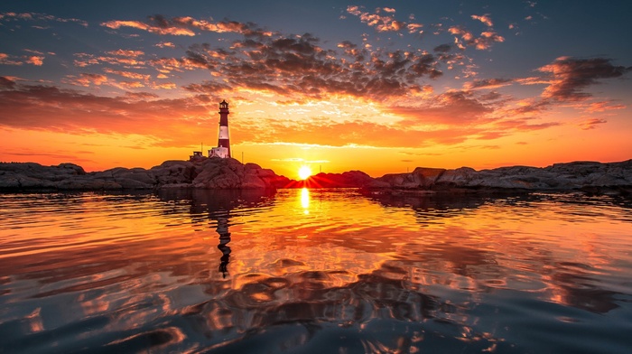 photography, water, natural lighting, clouds, sunset, lighthouse