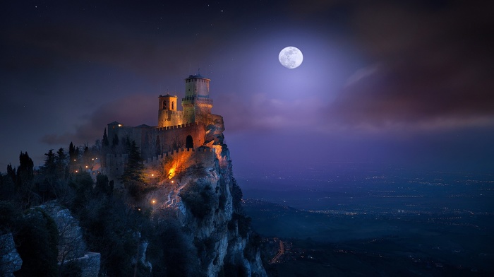 moon, moonlight, cityscape, castle, San Marino, starry night, nature, lights, landscape