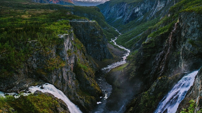 snowy peak, mountain, waterfall, nature, river, landscape, Norway, canyon