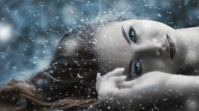 girl, snow, eyes, face