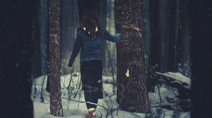 girl outdoors, girl, trees, snow, winter