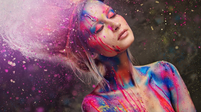 closed eyes, paint splatter, colorful, girl