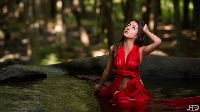 model, girl, red dress, nature, river, water