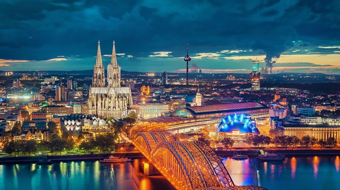 cityscape, bridge, Cologne Cathedral, city, Cologne, night, Germany