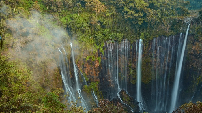 waterfall, java, trees, green, landscape, jungles, forest, Indonesia, nature
