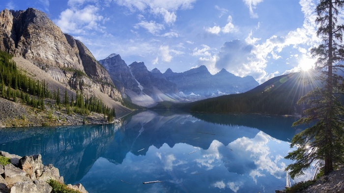 mountain, summer, nature, trees, Canada, lake, moraine lake, forest, sunrise, water, landscape, reflection