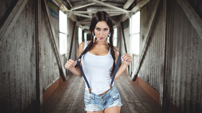 model, suspenders, hallway, jean shorts, girl