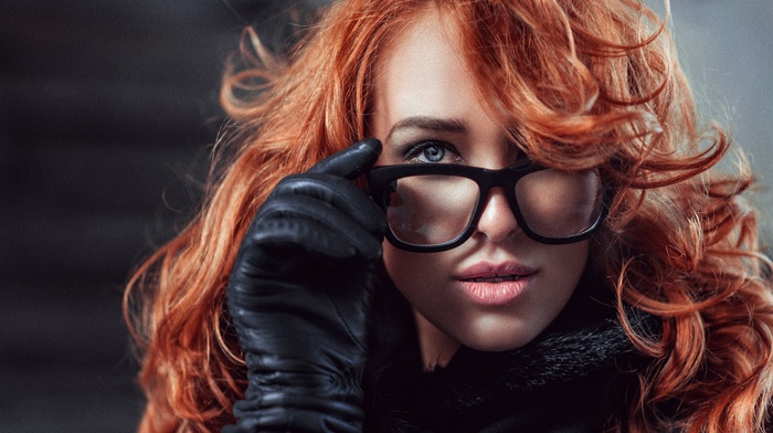 girl with glasses, glasses, gloves, redhead, portrait, girl, face, model