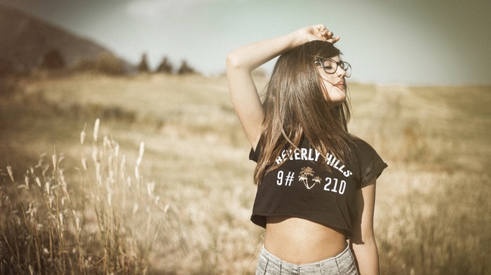 girl, closed eyes, grass, girl with glasses, nature