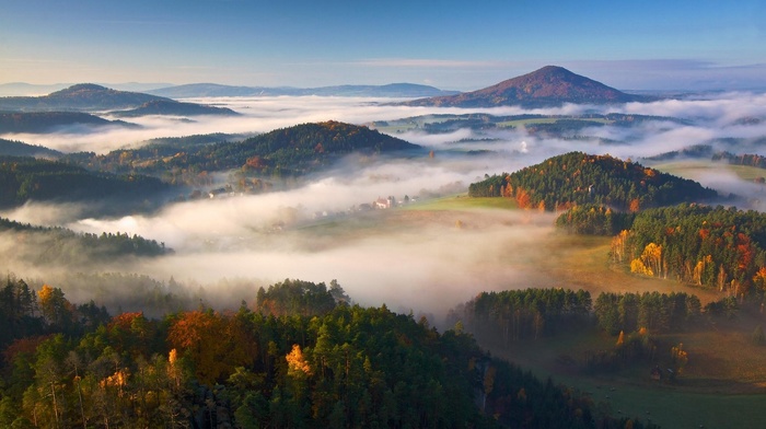 fall, village, landscape, mist, forest, sunrise, nature, morning, mountain