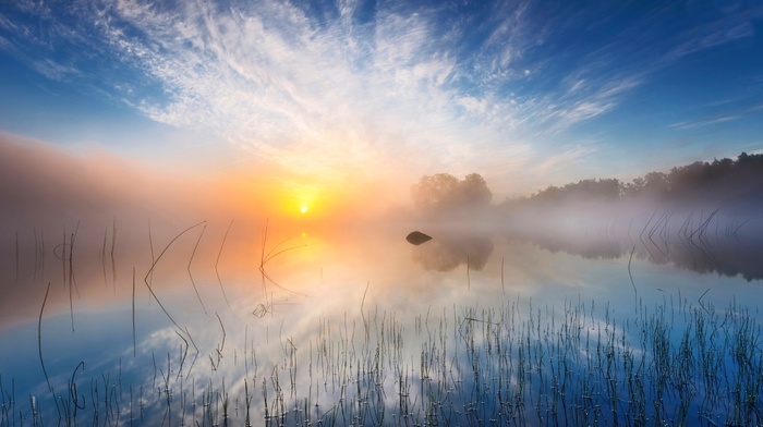 sunrise, landscape, sunlight, nature, blue, lake, water, Sweden, yellow, mist, white, morning