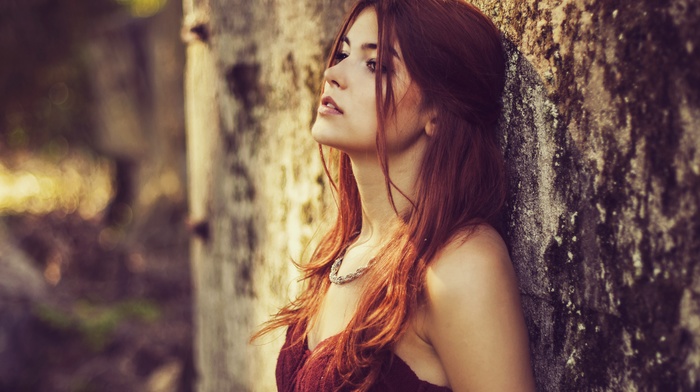 walls, necklace, redhead, long hair, girl