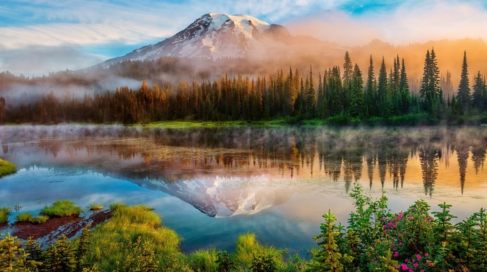 lake, landscape, USA, clouds, nature, forest, trees, Washington state, mountain, plants, reflection, snow, mist