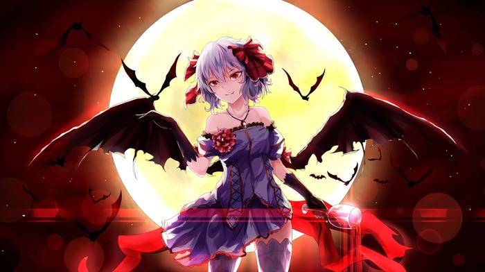 dress, anime girls, wings, moon, bats