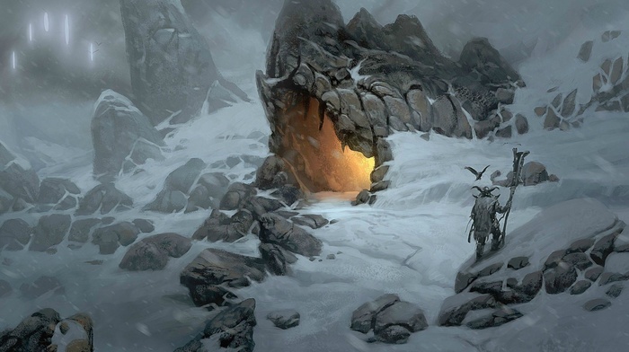 winter, snow, fantasy art, cave, vikings