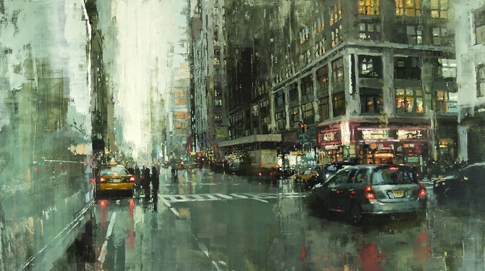 city, rain, cityscape, painting