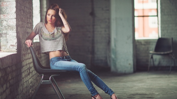 sitting, girl, chair, high heels, walls, jeans, model