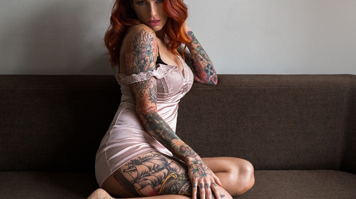 girl, tattoo, Anne Lindfjeld, redhead, couch