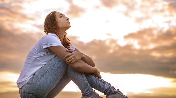 girl, jeans, redhead, sunset