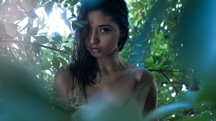 leaves, girl, black hair, plants, brunette, face