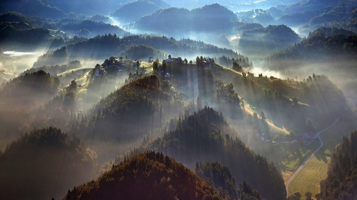 aerial view, landscape, nature, mist, sunbeams, forest, sunrise, mountain, trees, morning, villages