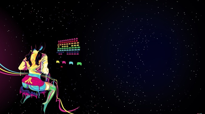 chair, drawing, universe, braids, playing, ass, colorful, space, digital art, girl, vintage, sitting, retro games, space invaders, video games, stars, Atari, rear view, pixelated