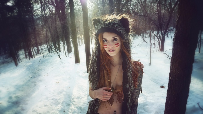 redhead, necklace, trees, Fennek Suicide, face paint, girl outdoors, Suicide Girls, snow, girl, dreadlocks, looking at viewer, forest, open mouth, hat, pierced navel