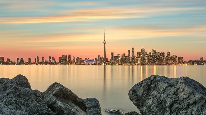 sunset, water, Canada, city, Toronto, rock, building, skyline, long exposure