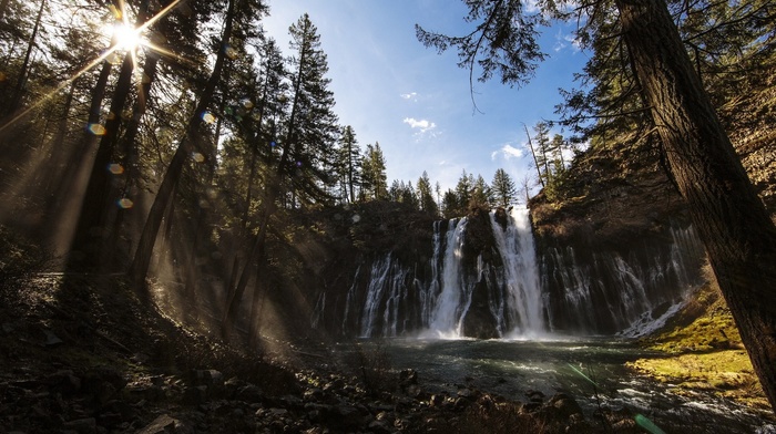 waterfall, trees, nature, river