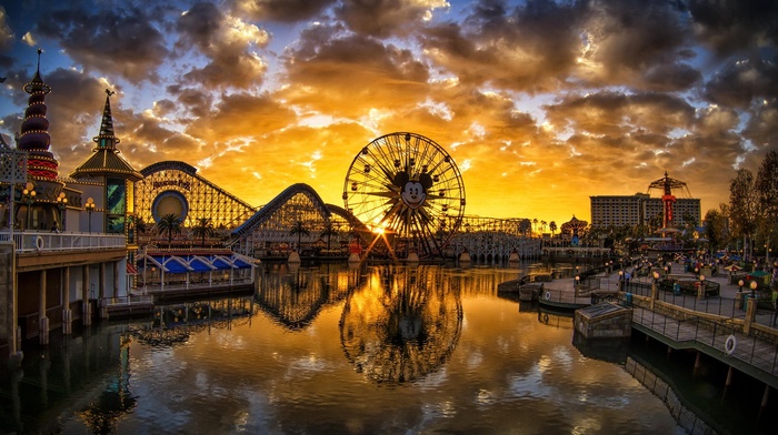 city, reflection, california, pier, sunset, theme parks, river, Disneyland, ferris wheel