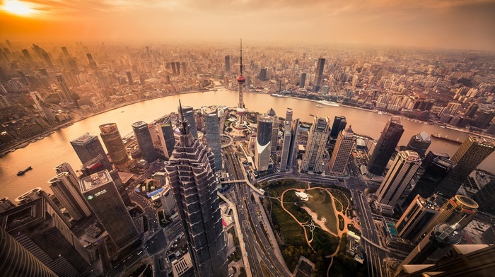 skyscraper, river, city, sunset, Shanghai, cityscape