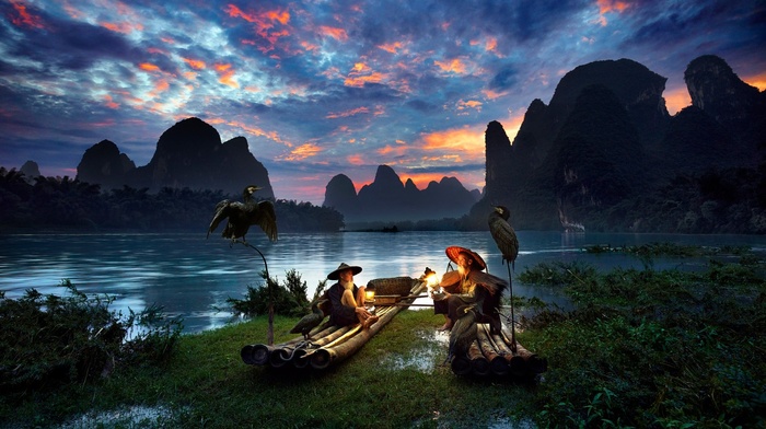 men, Asian, birds, China, mountain, nature, river