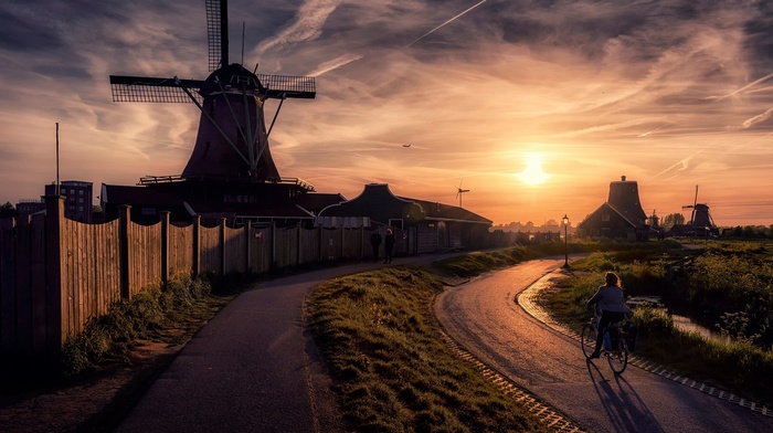 Netherlands, windmills, sunset, fence, road, clouds, building, path