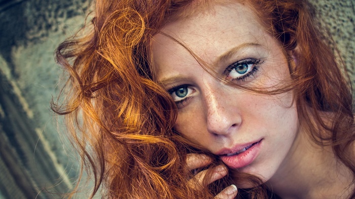 curly hair, looking at viewer, portrait, model, open mouth, blue eyes, long hair, Polish, girl, redhead, face, freckles