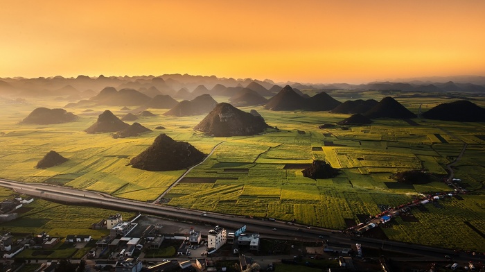 China, landscape, nature, field, town, mist, aerial view, sunrise, highway, mountain