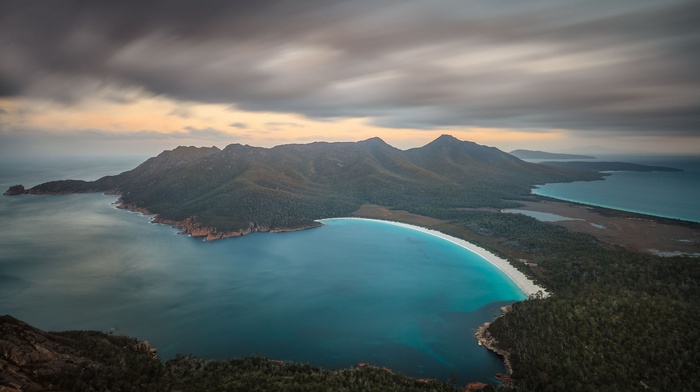 clouds, Tasmania, forest, landscape, Wine Glass Bay, Australia, beach, mountain, nature, sea